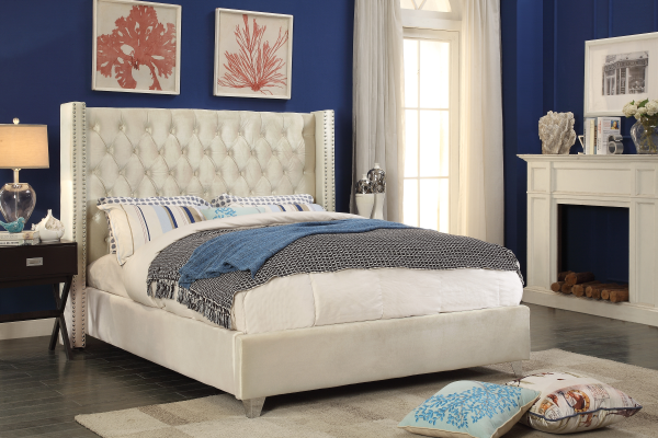 Button-Tufted Velvet Wingback Bed with Chrome Nailheads – Creme