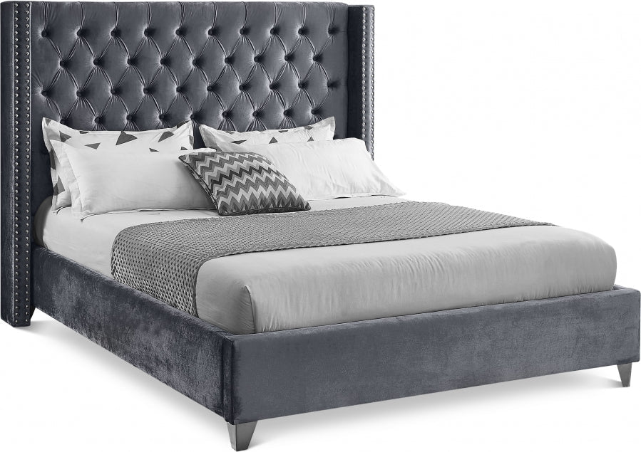 Button-Tufted Velvet Wingback Bed with Chrome Nailheads – Grey