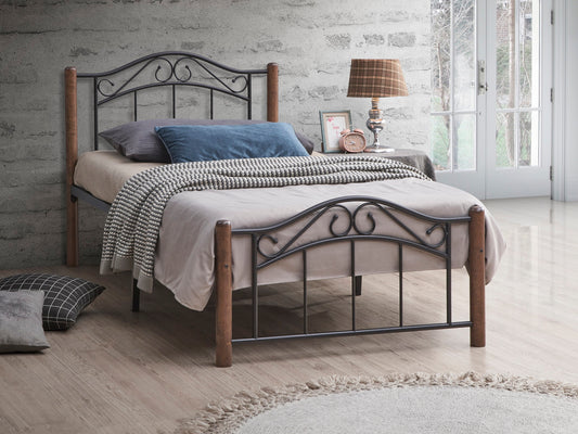 Black Steel Bed with Walnut Wood Posts
