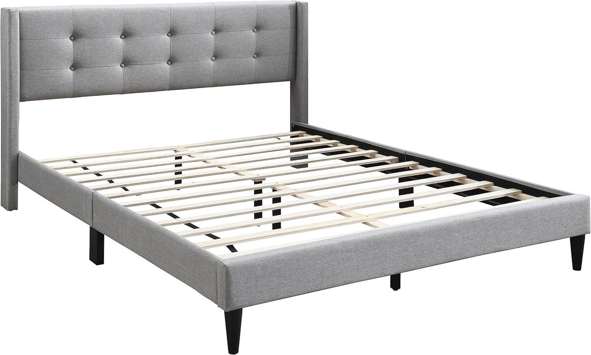 Button-Tufted Wingback Bed – Grey Fabric