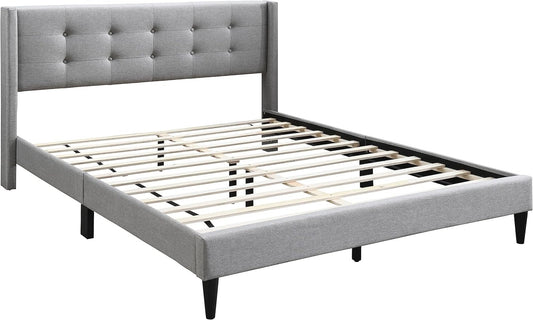 Button-Tufted Wingback Bed – Grey Fabric