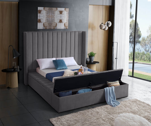 Channel-Tufted Velvet Bed with 3 Storage Benches – Grey