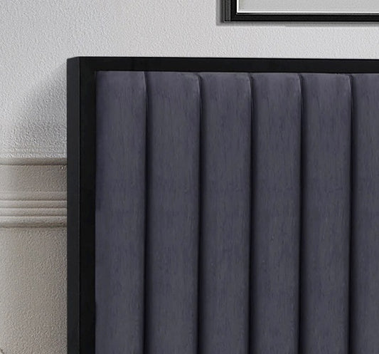 Channel-Tufted Velvet Bed with Black Metal Trim – Grey