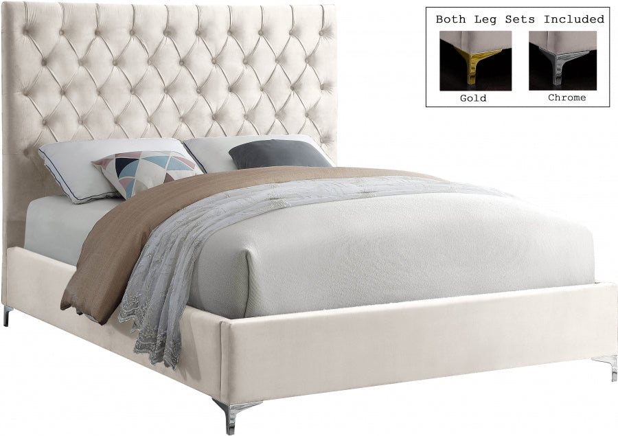 Deep Button-Tufted Velvet Bed with Chrome & Gold Legs – Creme