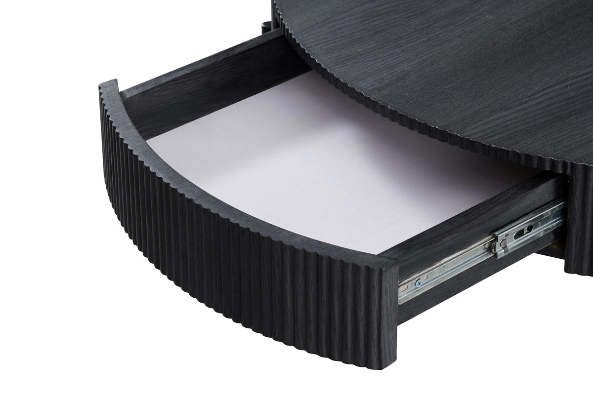 Round Coffee Table with Hidden Drawer – 32" – Black Ribbed