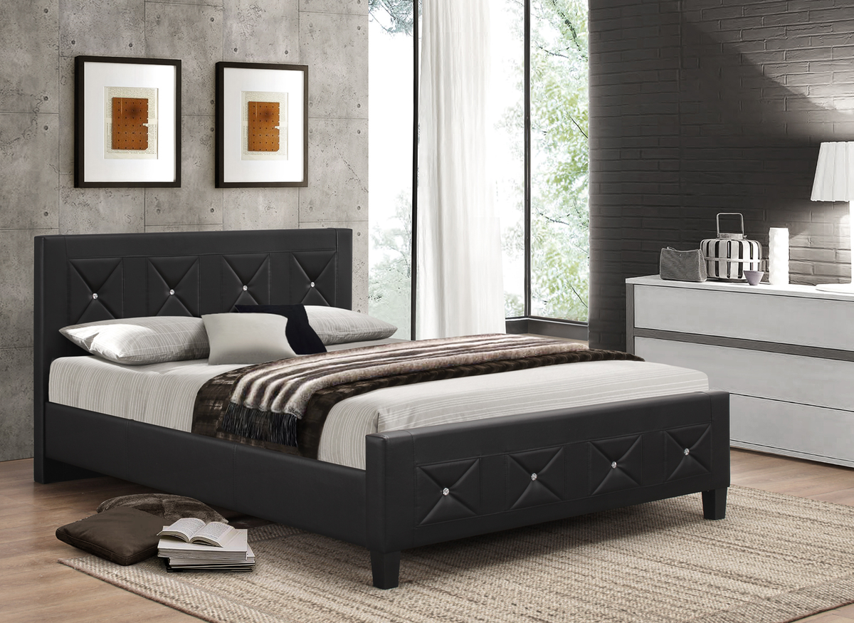 Faux Leather Bed with Jewel Accents – Black