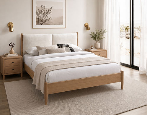 IF-5915 Bed Natural Oak Finish Fabric Colour Creme Beige