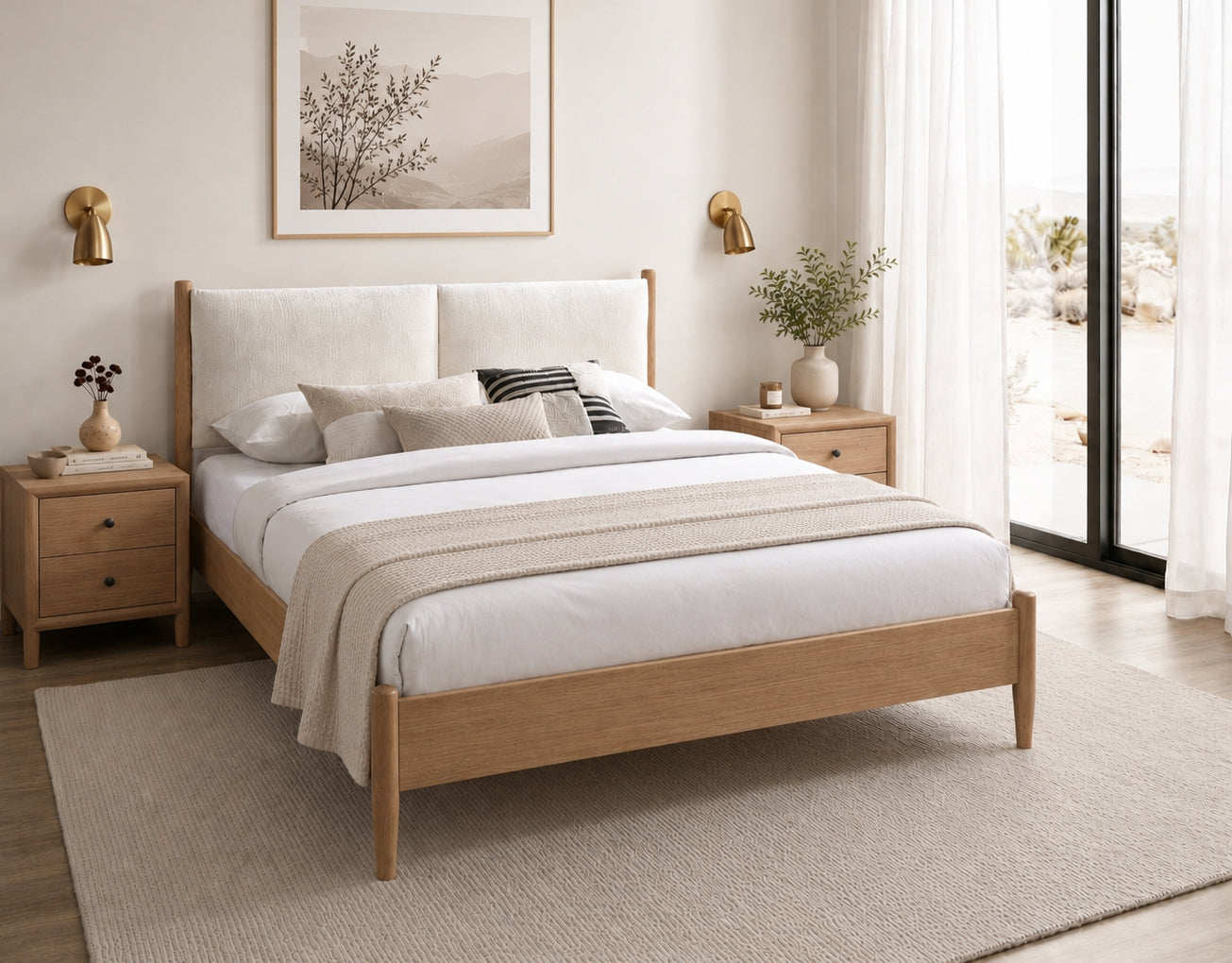 IF-5915 Bed Natural Oak Finish Fabric Colour Creme Beige