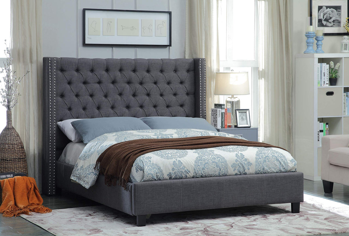 Button-Tufted Wingback Bed with Nailheads – Grey Fabric