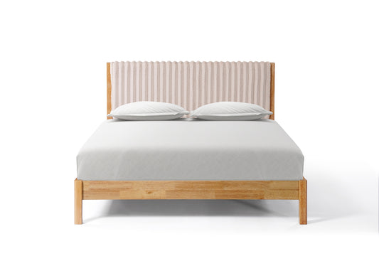 Solid Wood Bed with Channel-Tufted Headboard – Natural & Beige
