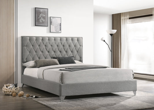 Diamond-Tufted Grey Fabric Bed with Chrome Legs