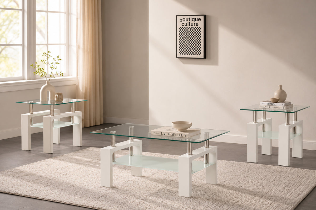 Glass Top 3-Piece Coffee Table Set with Frosted Shelf – Glossy White