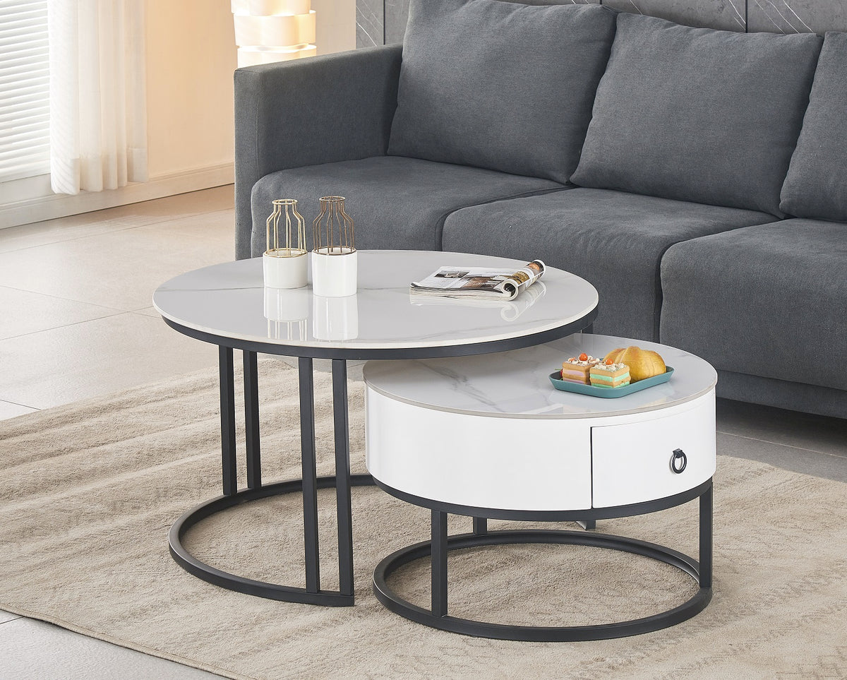 Round Stone Coffee Tables with Storage Drawer – Set of 2 – Calacatta White