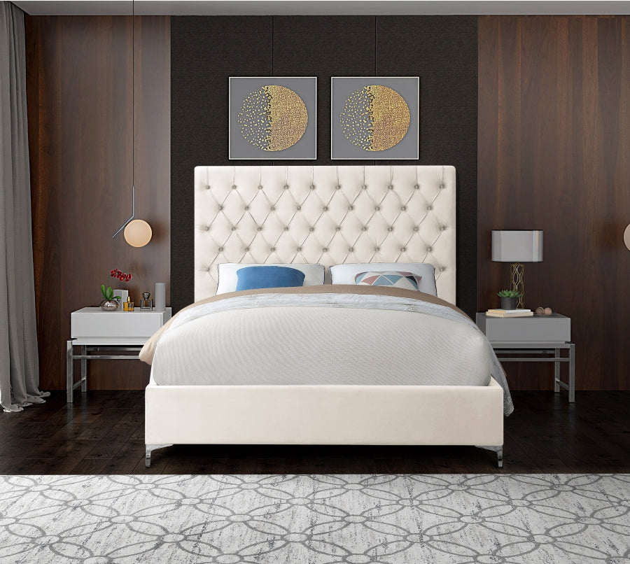 Deep Button-Tufted Velvet Bed with Chrome & Gold Legs – Creme