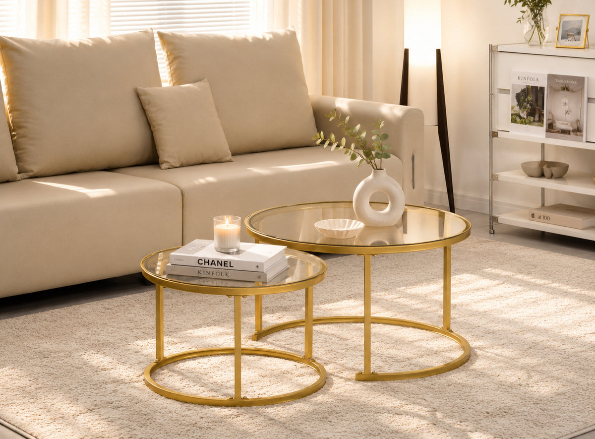 Round Nesting Glass Coffee Tables – Set of 2 – Gold