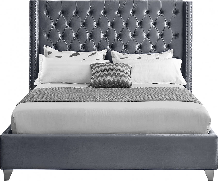 Button-Tufted Velvet Wingback Bed with Chrome Nailheads – Grey