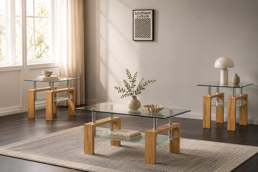 Glass Top 3-Piece Coffee Table Set with Frosted Shelf – Light Natural