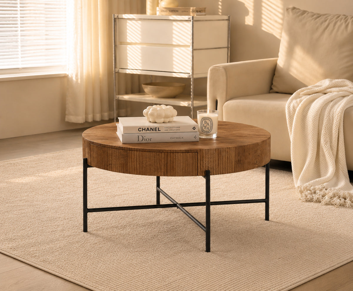 Round Coffee Table with Hidden Drawer – 32" – Walnut
