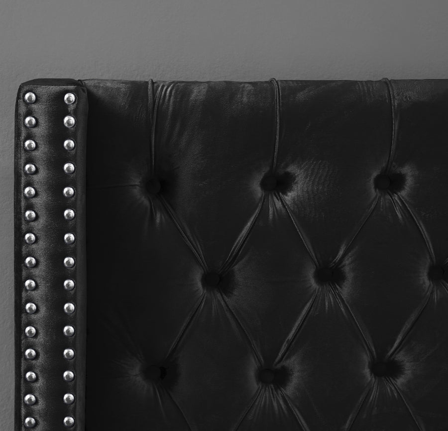 Button-Tufted Velvet Wingback Bed with Chrome Nailheads – Black