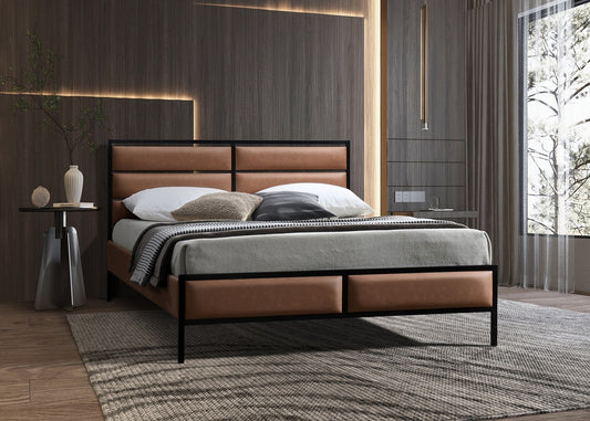 Industrial Metal Bed with Tan Faux Leather Panels