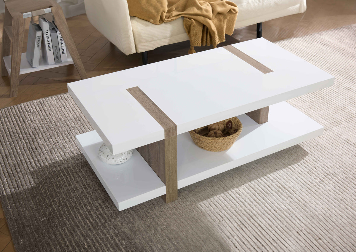 White Coffee Table with Natural Wood Inserts