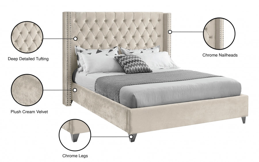 Button-Tufted Velvet Wingback Bed with Chrome Nailheads – Creme