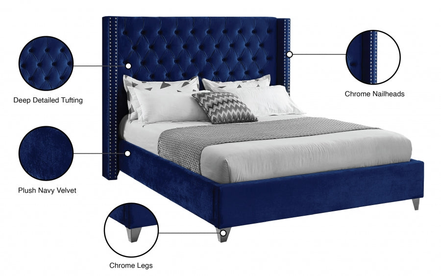 Button-Tufted Velvet Wingback Bed with Chrome Nailheads – Blue