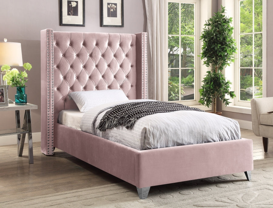 Button-Tufted Velvet Wingback Bed with Chrome Nailheads – Dusty Pink