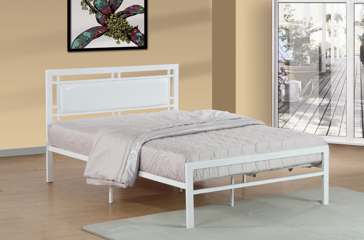 Metal & Faux Leather Bed – White