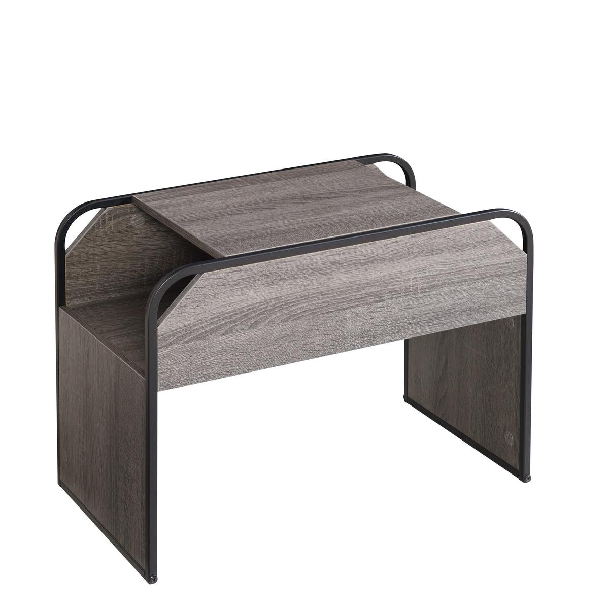 C-Shaped Side Table with Open Storage – Grey Oak