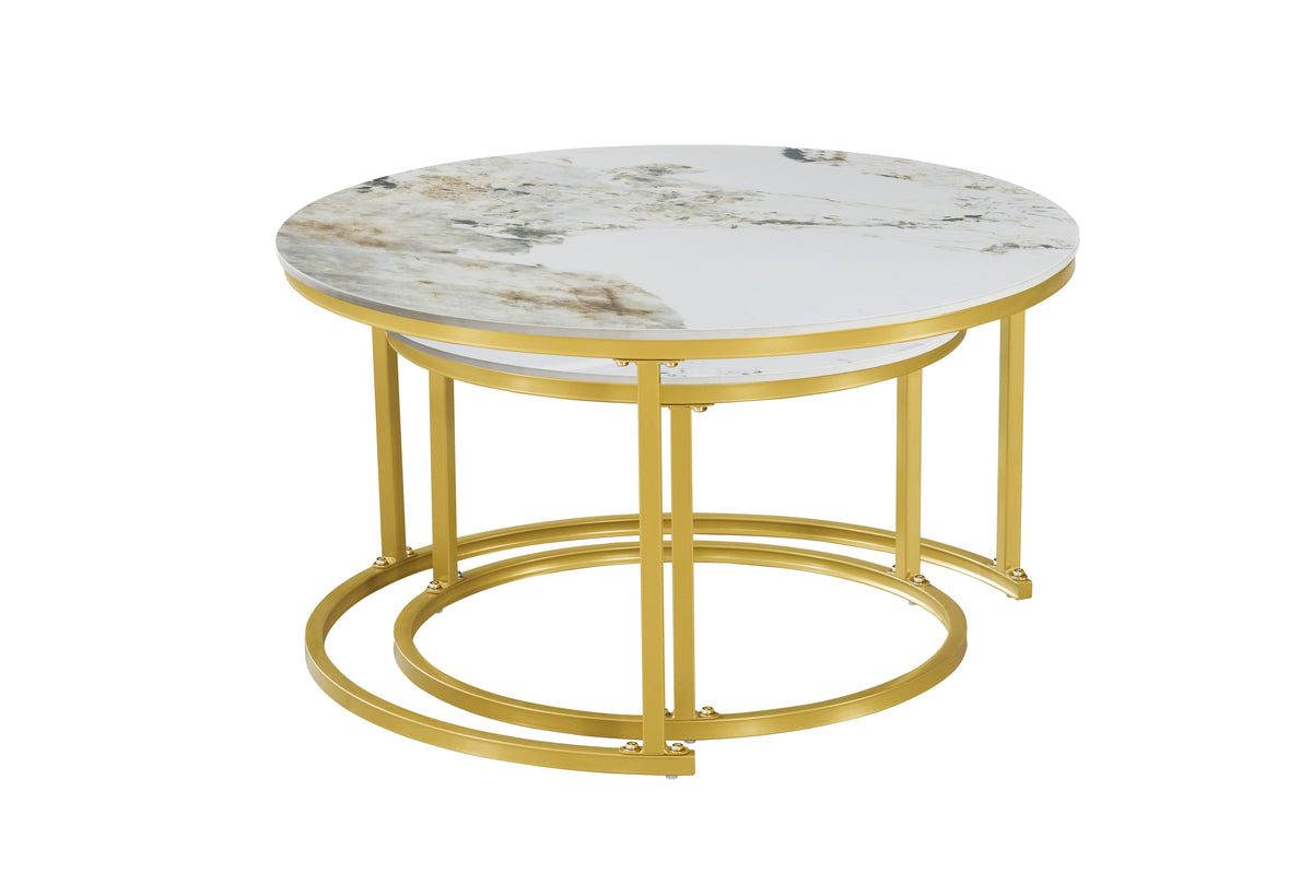 Round Sintered Stone Nesting Coffee Tables – Set of 2 – Pandora with Gold Base