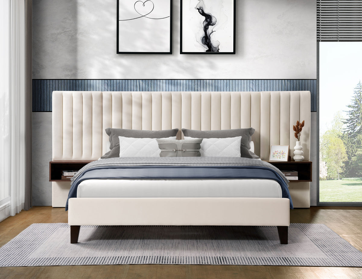 Channel-Tufted Velvet Bed with Floating Nightstands – Beige