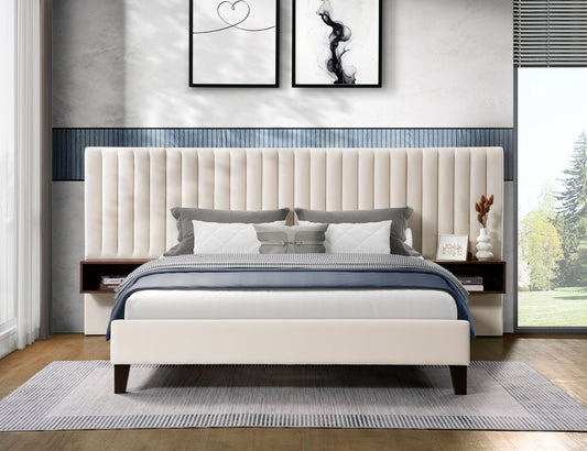 Channel-Tufted Velvet Bed with Floating Nightstands – Beige