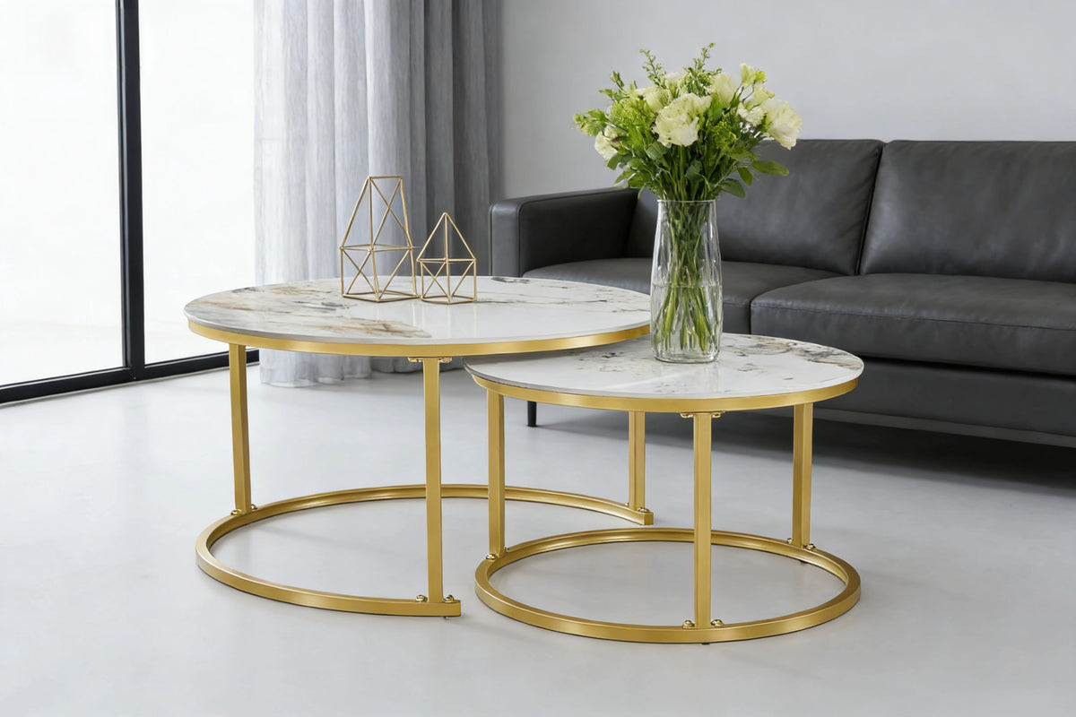 Round Sintered Stone Nesting Coffee Tables – Set of 2 – Pandora with Gold Base