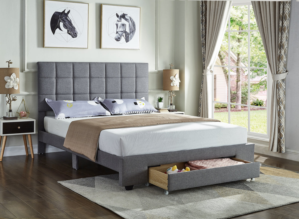 Square-Tufted Upholstered Bed – Grey Fabric