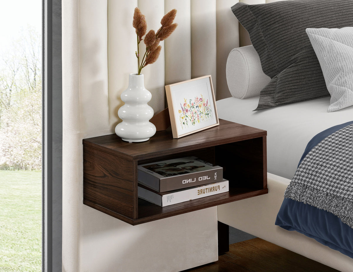 Channel-Tufted Velvet Bed with Floating Nightstands – Beige