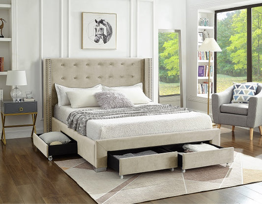Nailhead Velvet Wingback Storage Bed with 4 Drawers – Creme
