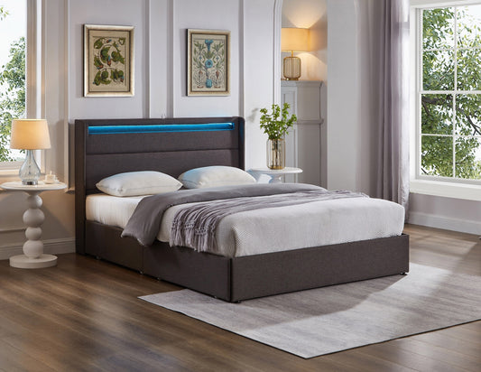 Wingback Storage Bed with LED Lights & Charging Station – Grey