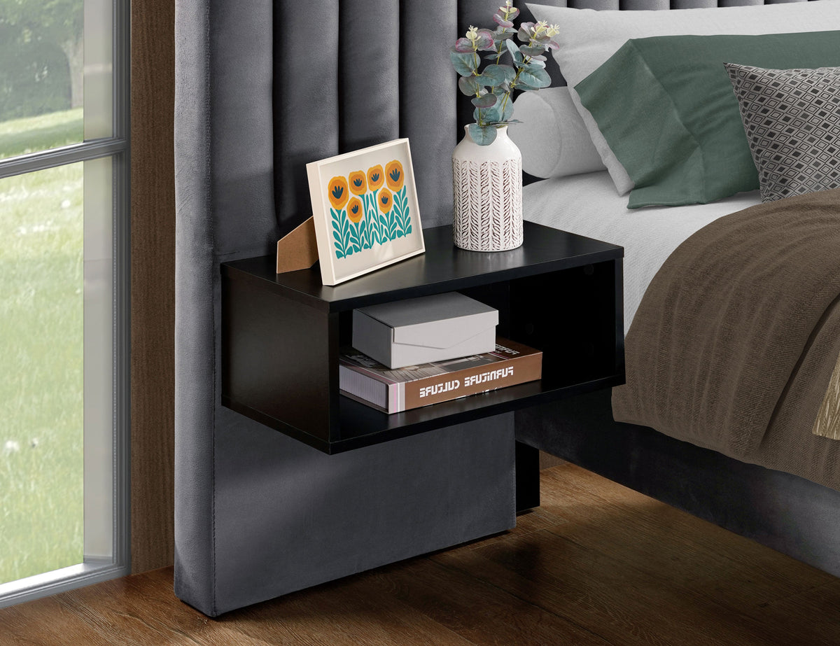 Channel-Tufted Velvet Bed with Floating Nightstands – Grey