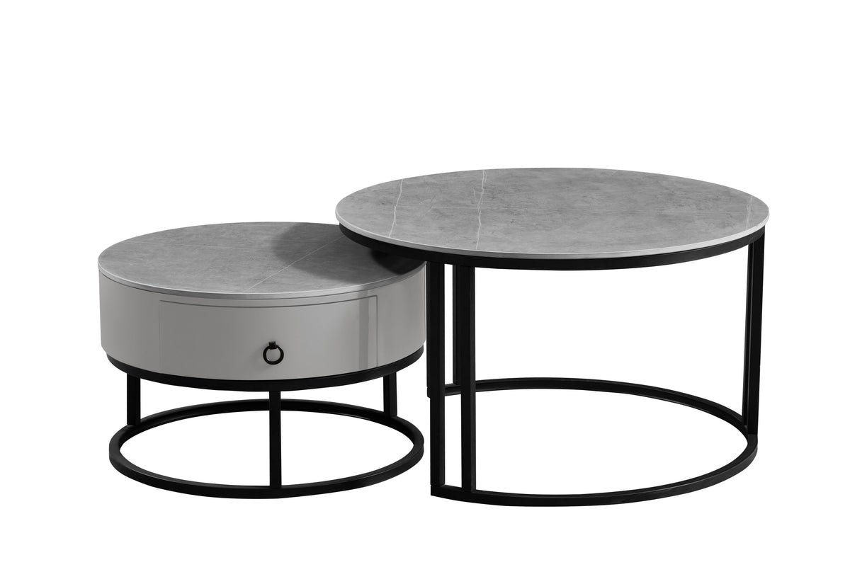 Round Stone Coffee Tables with Storage Drawer – Set of 2 – Armani Grey