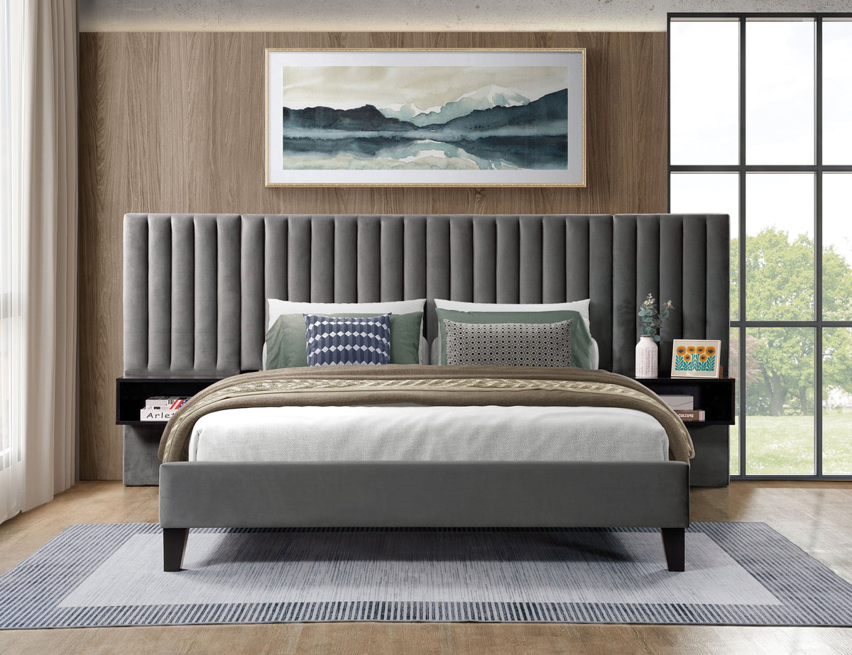 Channel-Tufted Velvet Bed with Floating Nightstands – Grey