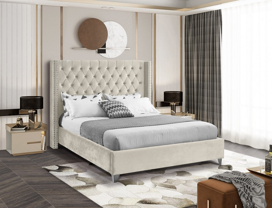 Button-Tufted Velvet Wingback Bed with Chrome Nailheads – Creme