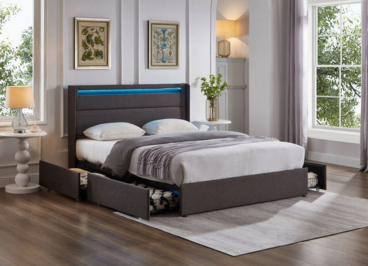 Wingback Storage Bed with LED Lights & Charging Station – Grey