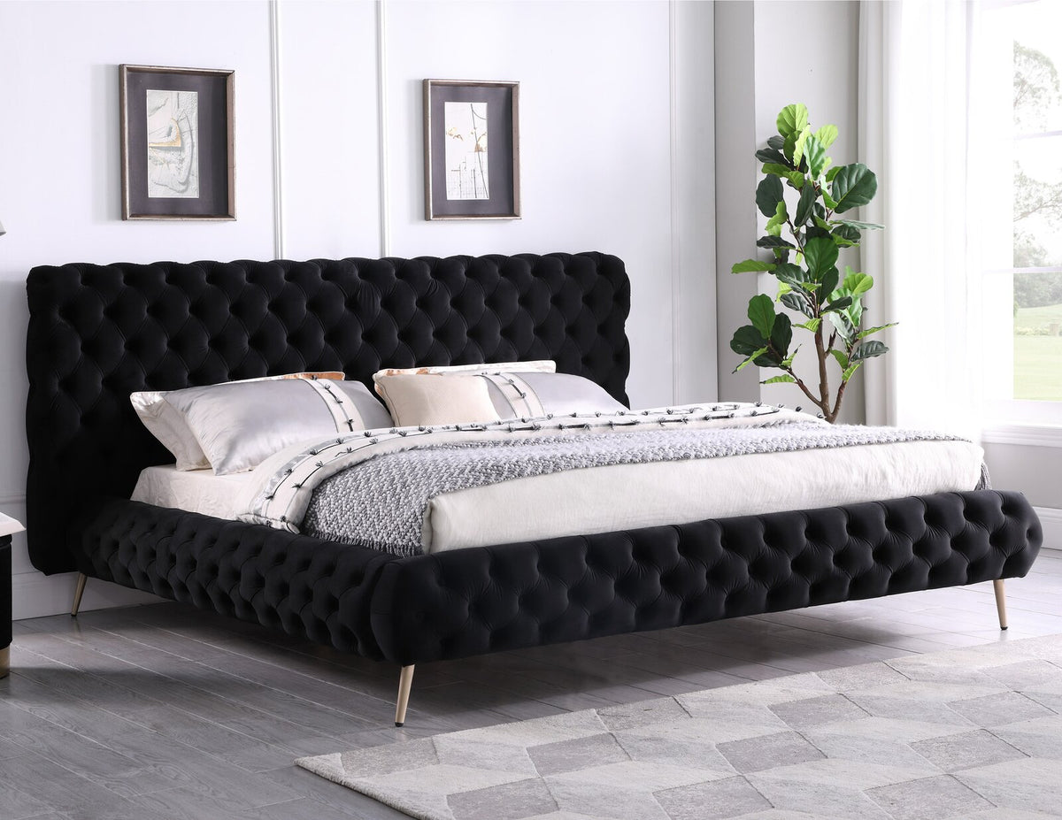 Extra-Deep Button-Tufted Velvet Bed with Chrome Legs – Black