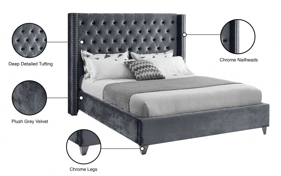Button-Tufted Velvet Wingback Bed with Chrome Nailheads – Grey