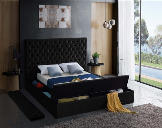 Button-Tufted Velvet Bed with 3 Storage Benches – Black