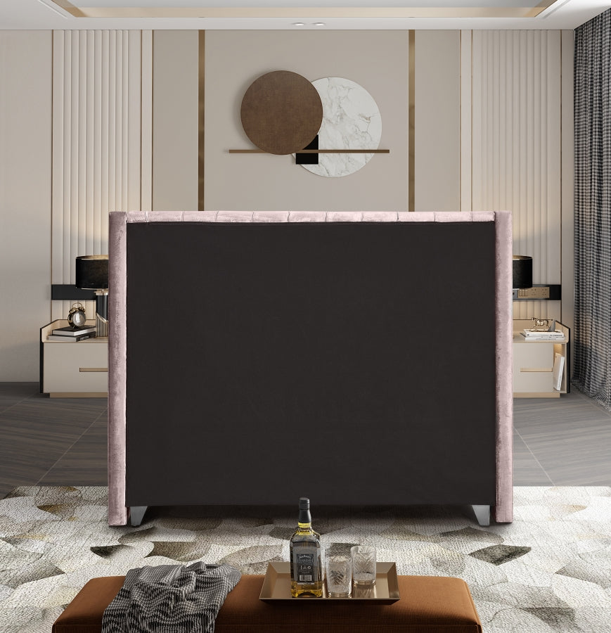 Button-Tufted Velvet Wingback Bed with Chrome Nailheads – Dusty Pink