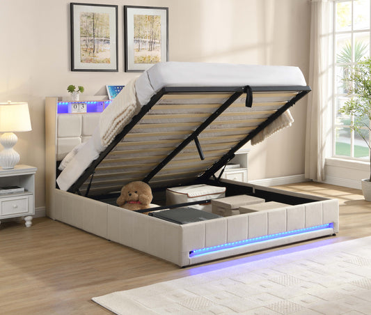 Smart Lift Storage Bed with LED, Charging & Headboard Shelf – Cream