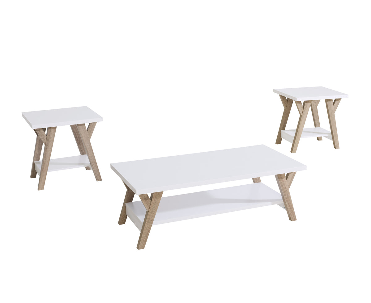 Wood Top 3-Piece Coffee Table Set with Lower Shelf – White and Natural