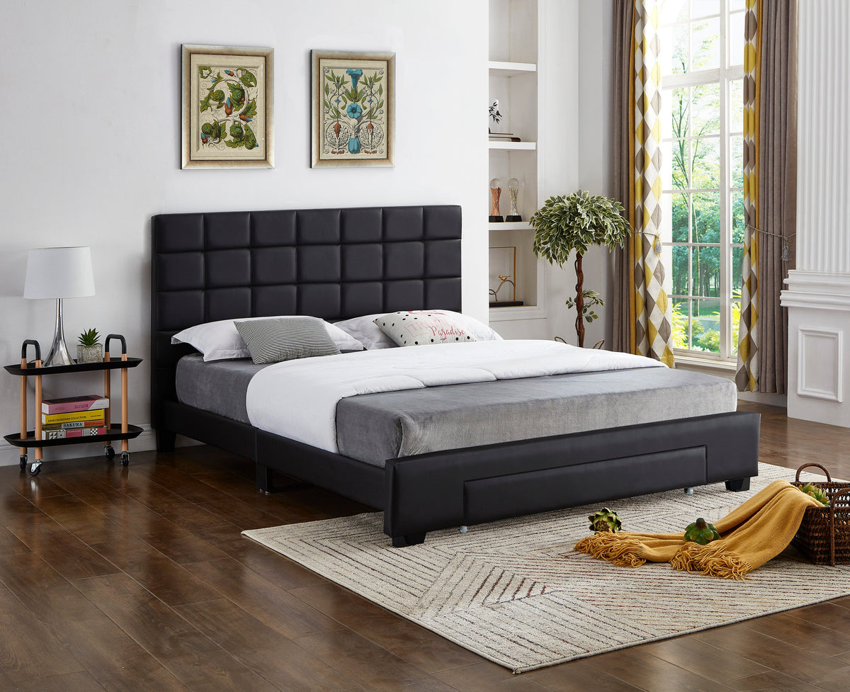Square-Tufted Upholstered Bed – Black Faux Leather
